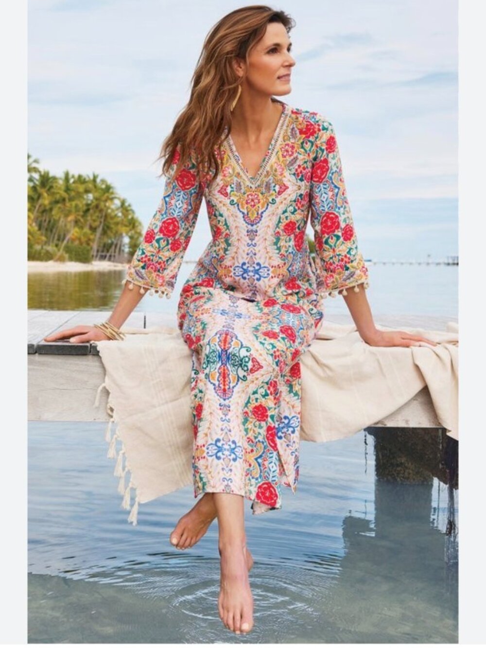 Soft Surroundings Ipanema Embroidered Beaded Kaftan Maxi Dress Sz M